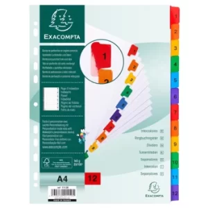 Image of Exacompta Indices Dividers A4, 12 Part 1-12, White, Pack of 20