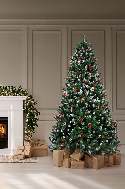 Image of Neo 2.1 m 7ft Christmas Xmas Tree Flocked Snowy Effect Fake Pine Cone Red Berries Metal Stand Flocked Tips in Dark Green Size: 7ft Dark Green Unise