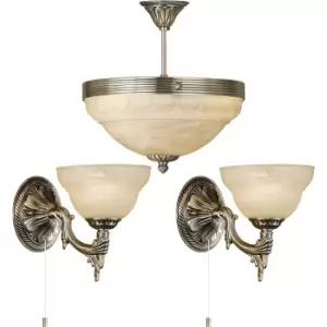 Image of Ceiling Pendant & 2x Matching Wall Lights Bronze Alabaster Glass Vintage Lamp