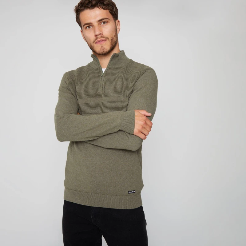 Image of Threadbare 'Foxwood' Rib Detail Crew Neck Quarter Zip Jumper Khaki