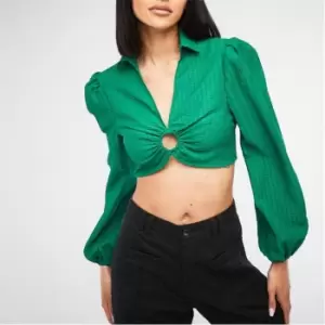 Image of Missguided Textured Ring Detail Crop Shirt - Green
