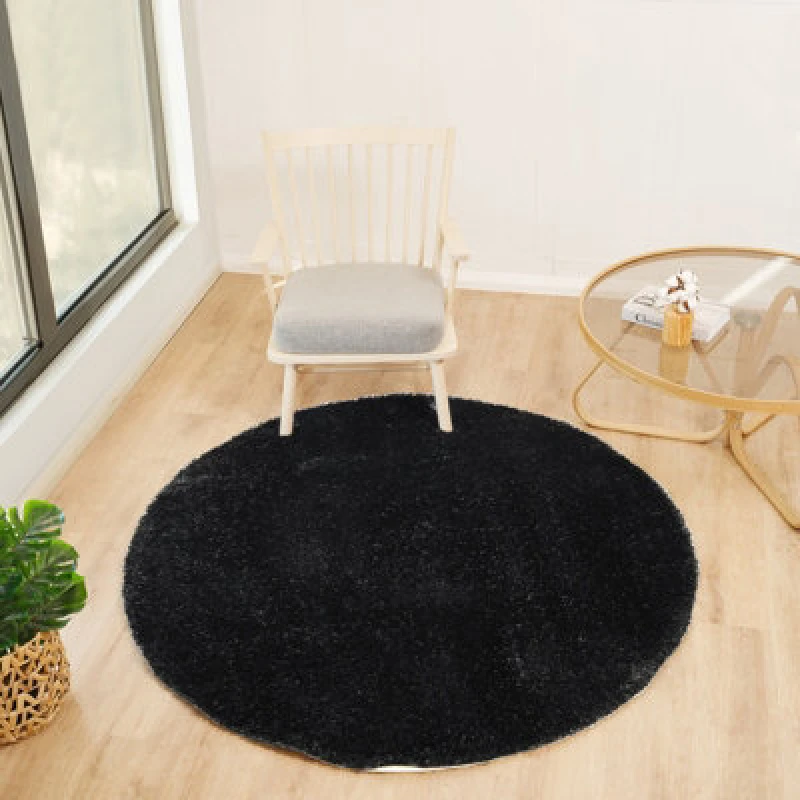 Image of Livabliss Round Shaggy Solid Color Plush Pile Black Claire Area Rug 160 X 160 Cm - Easy Care, Non Shedding, Ideal For Living Room & Bedroom