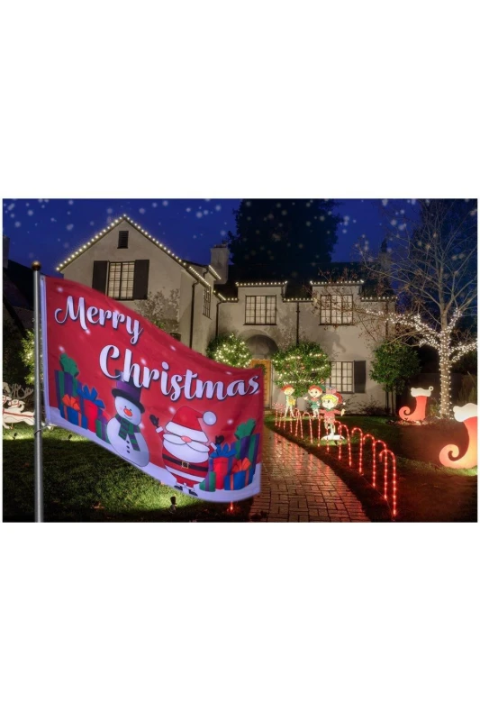 Image of St Helens Merry Christmas Flag Santa Snowman and Xmas Gift Presents Design with 2 Metal Grommets, Red ELV-065386