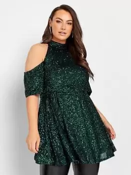 Image of Yours Sequin Choker Cold Shoulder, Green, Size 14, Women