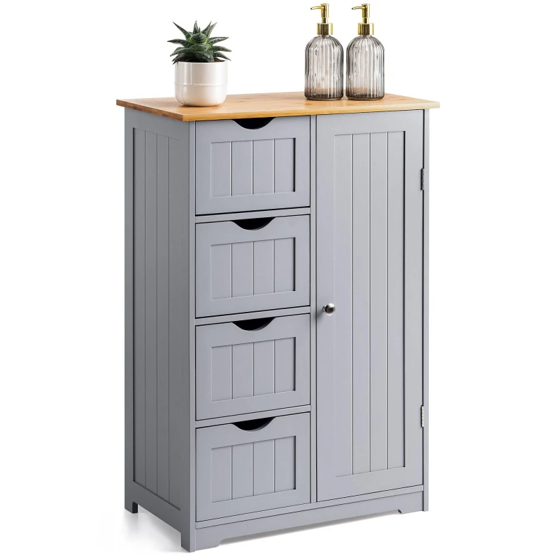 Image of Christow Bathroom Drawer Cabinet Grey Bamboo Freestanding Storage Unit 4 Drawers Grey