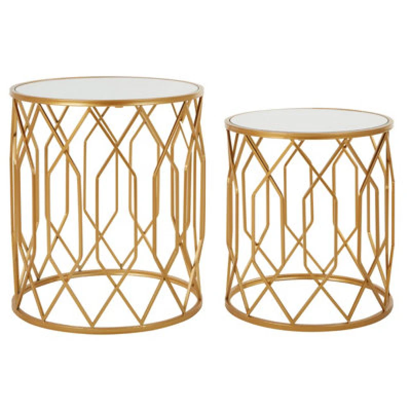 Image of Orsina Set Of 2 Gold Frame Round Side Tables,bedside Table With Mirrored Top,gold Finished Accent Table,round Table