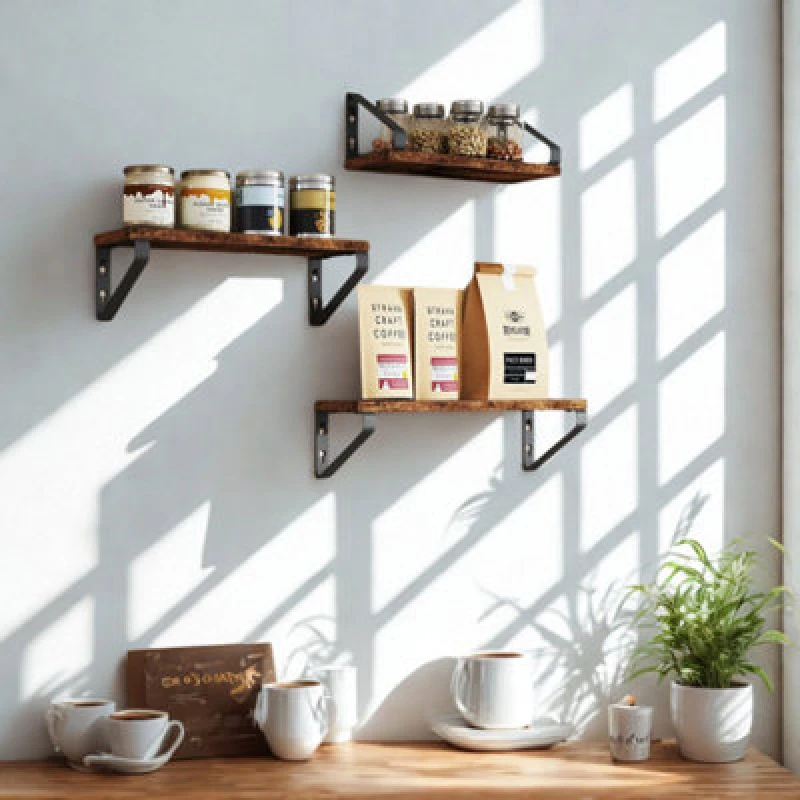 Image of FURNOLD Set Of 3 Wall Mounted Reversible Shelves Industrial Rustic Brown