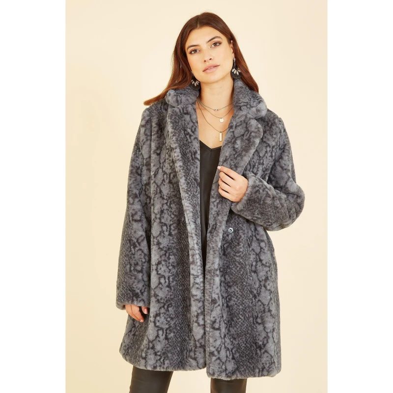 Image of Yumi Womens Grey Snakeskin Print Faux Fur Coat Size: 8 Grey Female 8