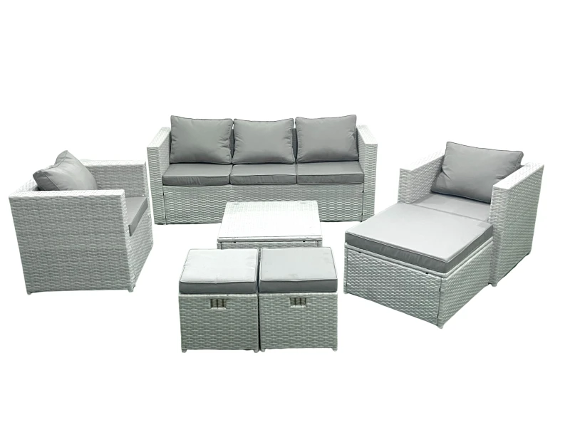 Image of Fimous Rattan Garden Outdoor Furniture Sofa Set with Square Coffee Table 2 Chairs 3 Footstools Light Grey Mixed Light Grey