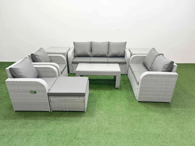 Image of Fimous PE Rattan Garden Furniture Set Adjustable Chair Sofa Double Love Seat 2 Seater Sofa Lounge Set Rectangular Coffee Table Big Footstool 2 Side Ta
