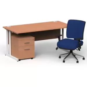 Image of Impulse 1600/800 White Cant Desk Beech + 2 Dr Mobile Ped & Chiro Med Back Blue W/Arms