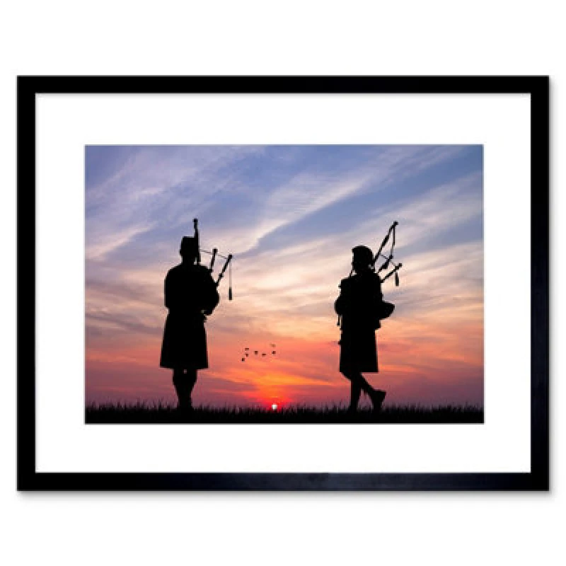 Image of Artery8 Photo Silhouette Sunset Scottish Pipers 12X16" Framed Wall Art Print