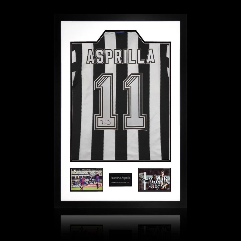 Image of The Fan Cave Faustino Asprilla Signed Newcastle United Shirt El Black & White unisex 850mm x 60
