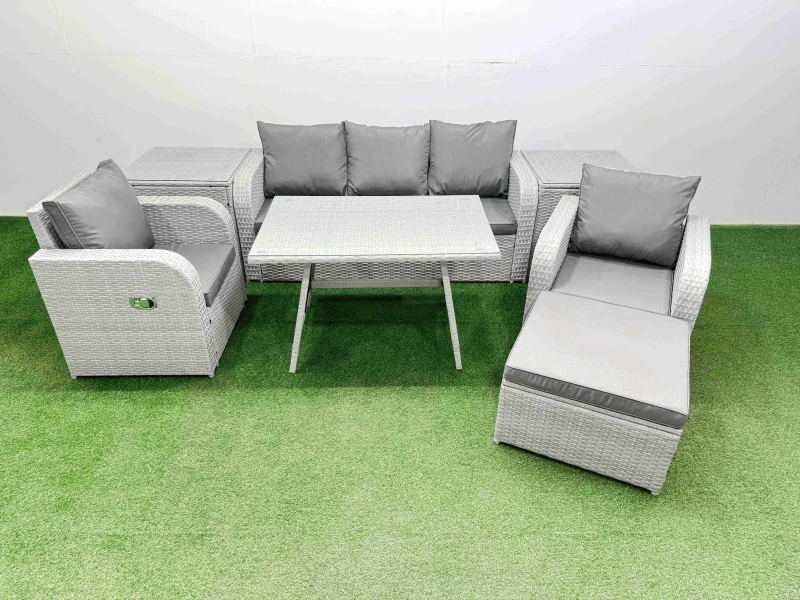 Image of Fimous Reclining Chair 3 Seat Sofa Set Garden Furniture Set with 2 Side Table in Light Grey Light Grey Unisex