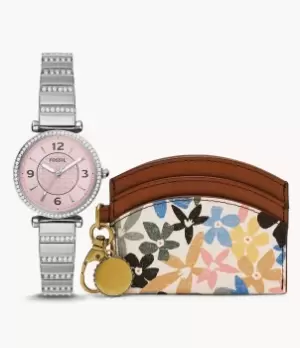 Image of Fossil Women Carlie Three-Hand Stainless Steel Watch and Card Case Box Set
