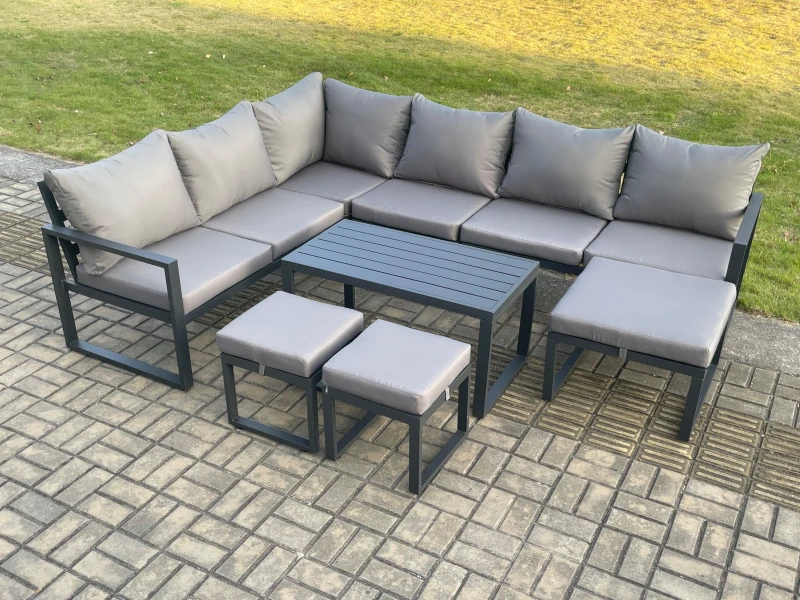 Image of Fimous Aluminum 9 Seater Outdoor Lounge Corner Sofa Set Garden Furniture Sets with Oblong Coffee Table 3 Footstools Dark Grey Dark Grey Unisex