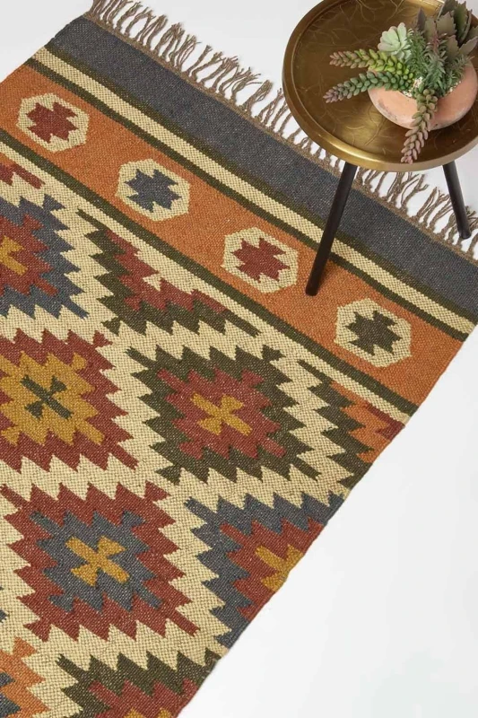 Image of Homescapes Lucea Orange & Blue Kilim Wool Rug Orange