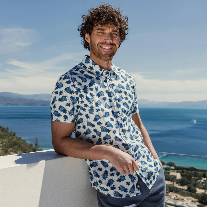 Image of Threadbare 'Jaxx' Short Sleeve Pineapple Print Cotton Shirt Off White male