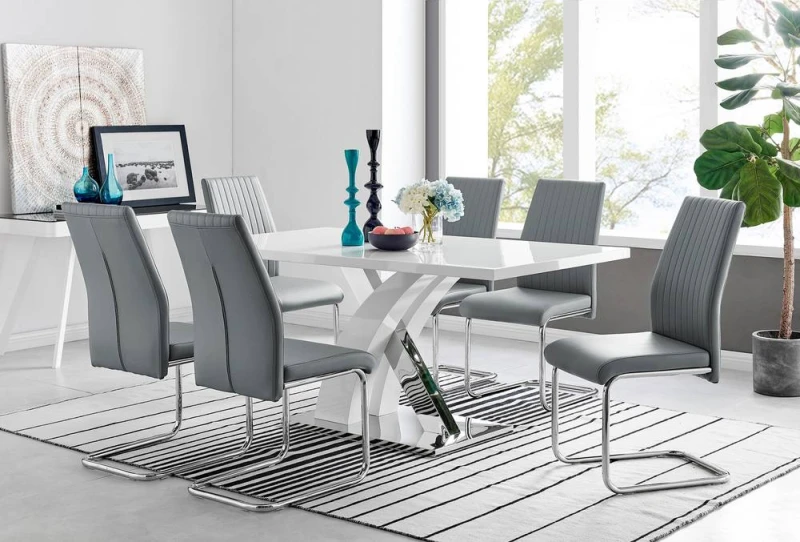 Image of FurnitureboxUK Atlanta Modern Rectangle Chrome Metal High Gloss White Dining Table & 6 Lorenzo Chairs Set in Grey Grey Unisex