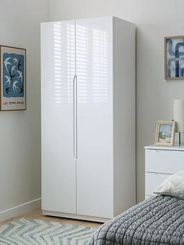 Image of One Call Furniture Antibes 2 Door Wardrobe Ready Assembled Gloss Fronts Light Grey LELGR
