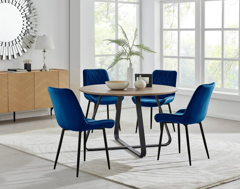 Image of FurnitureboxUK FurnitureboxUK Santorini Brown Round Dining Table And 4 Pesaro Black Leg Chairs in Navy Navy One Size Unisex 5056542640285