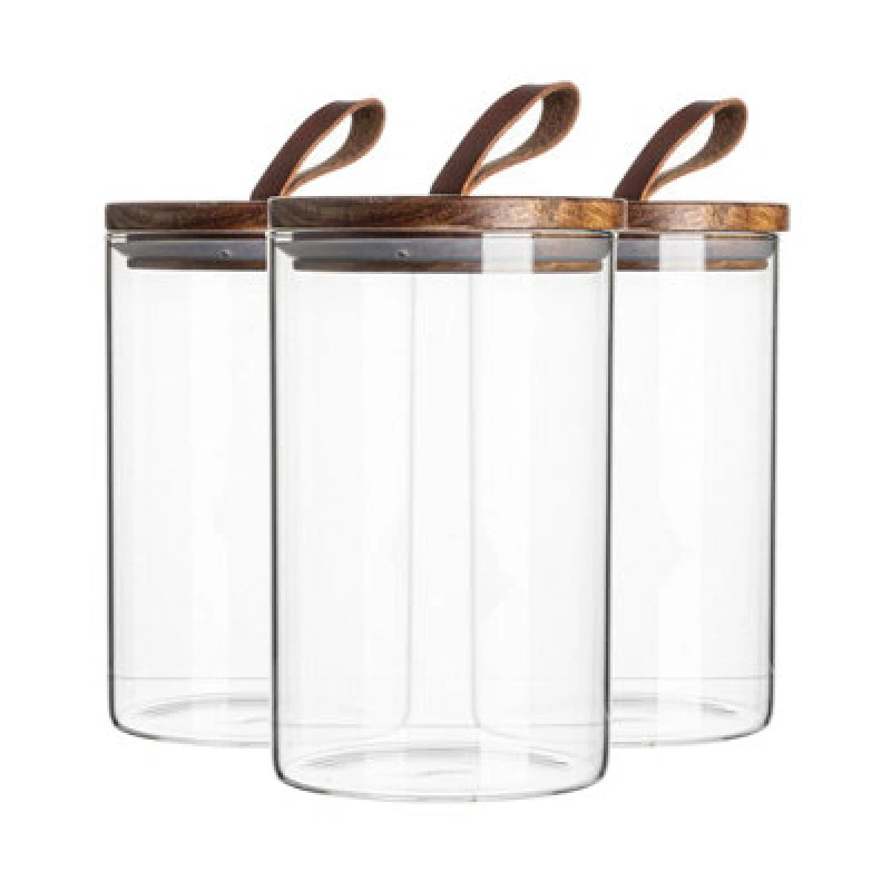 Image of Argon Tableware Scandi Storage Jar with Leather Loop Lid 1 Litre Pack of 3 Clear