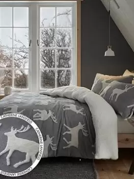 Image of Catherine Lansfield Stag Sherpa Jacquard Reversible Duvet Cover Set Grey - Sb