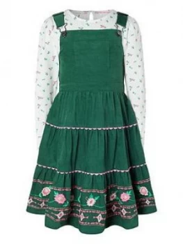 Image of Monsoon Girls S.E.W. Embroidered Cord Pinny & Top - Green, Size 9-10 Years, Women