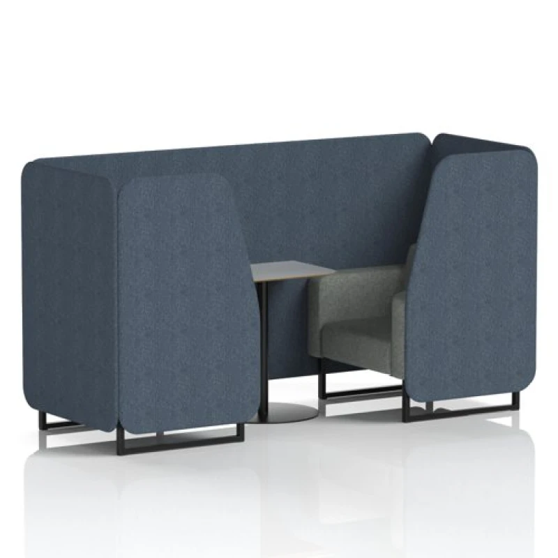 Image of Brixworth 2 Seater Office Booth with Front Panel - Black Legs and Grey Table with Black Leg in Rivet Fabric - Crucible Panels and Prime Sofa