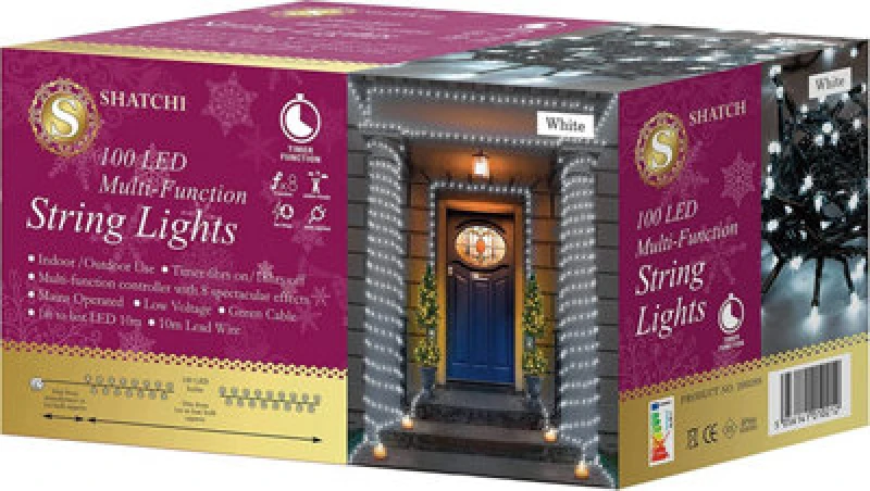 Image of Shatchi 100 Cool White Leds Multifunction Timer Outdoor String Fairy Lights 10M