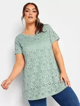 Image of Yours Broderie Swing T-Shirt, Green, Size 22-24, Women