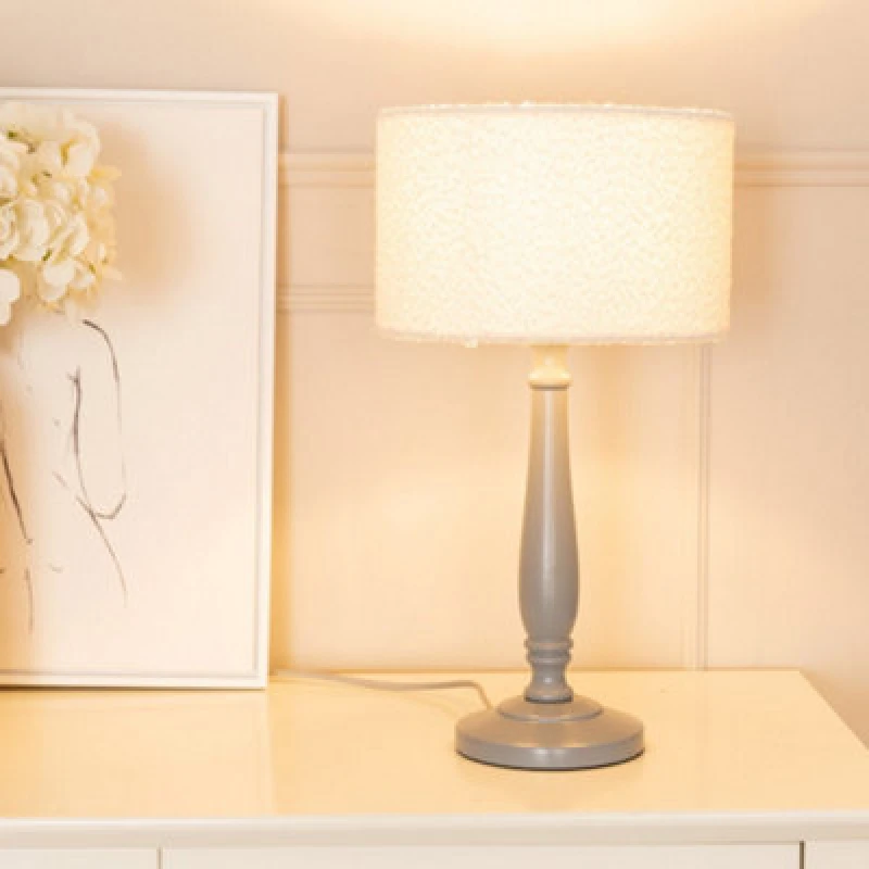 Image of ValueLights Victoria Candlestick Grey Wood Table Lamp with Cream Boucle Drum Lamp Shade Grey