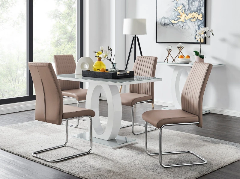Image of FurnitureboxUK FurnitureboxUK Giovani Grey White Modern High Gloss And Glass Dining Table And 4 Lorenzo Chairs Set in Beige Beige One Size Unisex 5056