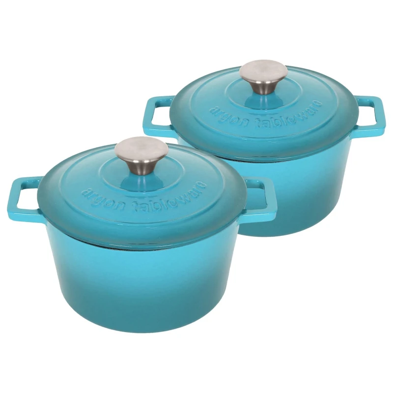 Image of Argon Tableware 2x Round Cast Iron Casserole Dishes with Self Basting Lid - 2.8L in Teal Teal Unisex