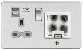 Image of KnightsBridge Screwless 13A socket, USB chargers (2.4A) and Bluetooth Speaker - Brushed chrome with grey insert