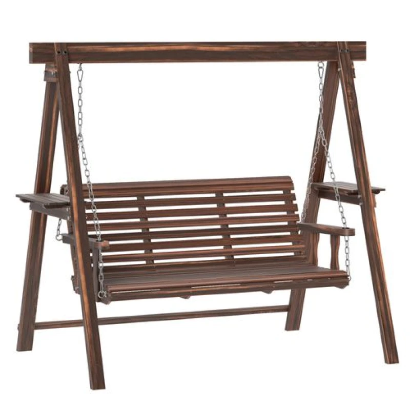 Image of Outsunny 3 Seater Wooden Garden Swing Chair with Side Tables Brown