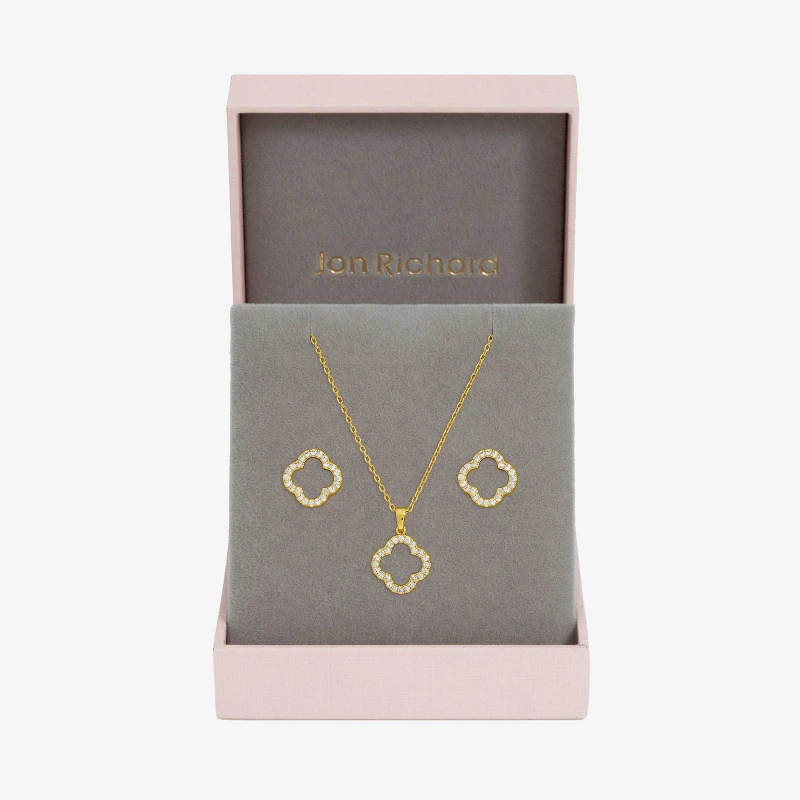 Image of Jon Richard Gold Plated Cubic Zirconia Clover Set - Gift Box Jewellery Sets One Size Gold 73780510000