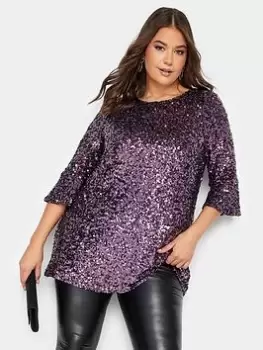 Image of Yours Sequin Flute Sleeve Top, Purple, Size 30-32, Women
