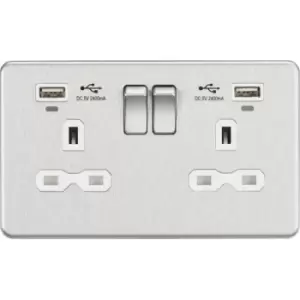 Image of MLA Knightsbridge 13A 2 Gang Socket Dual USB (2.4A) W/LED Charge Indicators Brushed Chrome W/White Insert - SFR9904NBCW