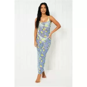 Image of I Saw It First Blue Lemon Print Mesh Maxi Slip Dress - Blue