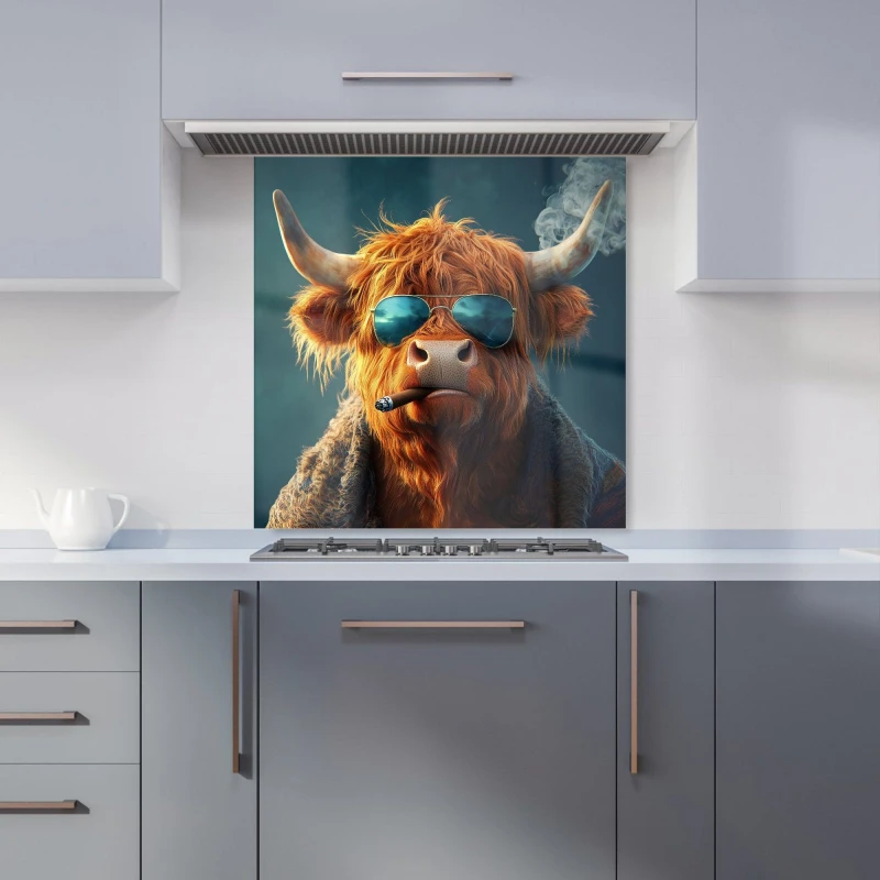 Image of Warren Reed - Designer Highland Cow With Glasses Kitchen Splashback in Blue Size: 600mm x 600mm Blue Unisex 600mm x 600mm
