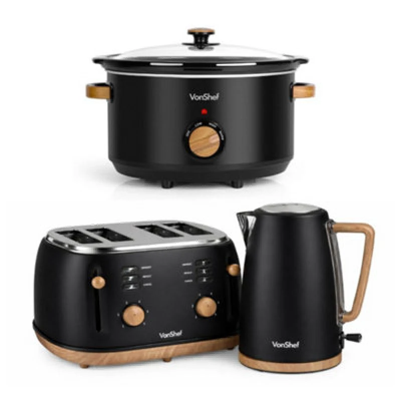 Image of Vonshef Slow Cooker, Kettle And Toaster Set, Scandi Kitchen Set With 1.7L Kettle, Wide Slot Toaster 4 Slice, 3.5L Slow Cooker