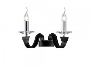 Image of Wall Lamp 2 Candle Light Polished Chrome, Black Faux Leather, Crystal