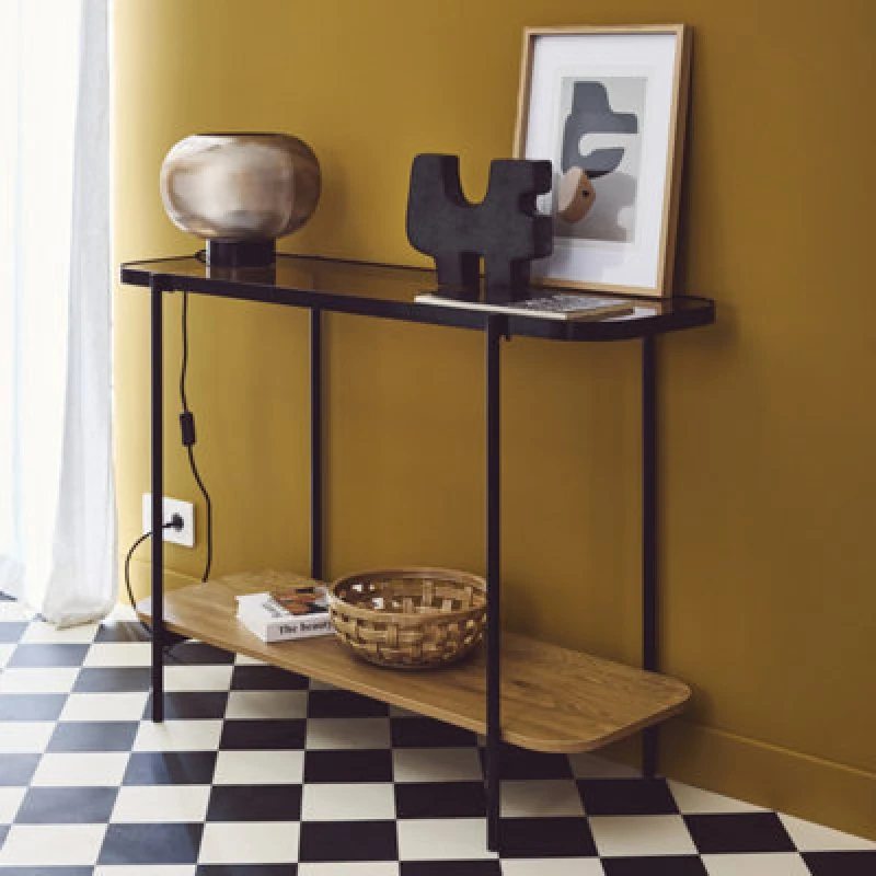 Image of sweeek 110cm Vintage Console With Black Metal And Wood Effcet Light Brown