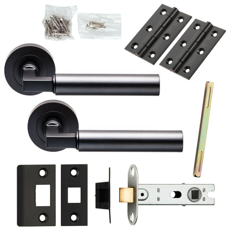 Image of Loops Door Handle & Latch Pack Matt Black Straight Round Lever Screwless Round Rose Black