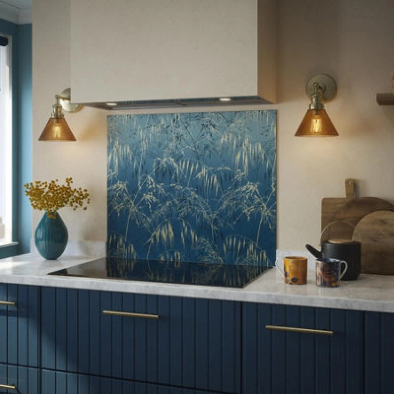Image of Clarissa Hulse Self Adhesive Kitchen Splashback Meadow Grass Blue Toughened Glass (W) 900 X (L) 750mm