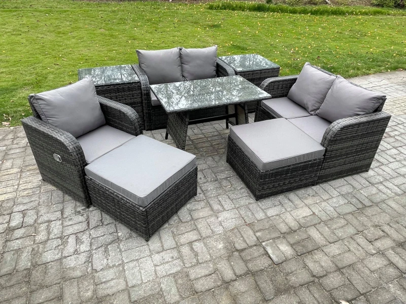 Image of Fimous 7 Seater Outdoor Garden Dining Sets Rattan Furniture With Dining Table Armchairs Love Sofa 2 Big Footstool 2 Side Tables Dark Grey Mixed Dark G