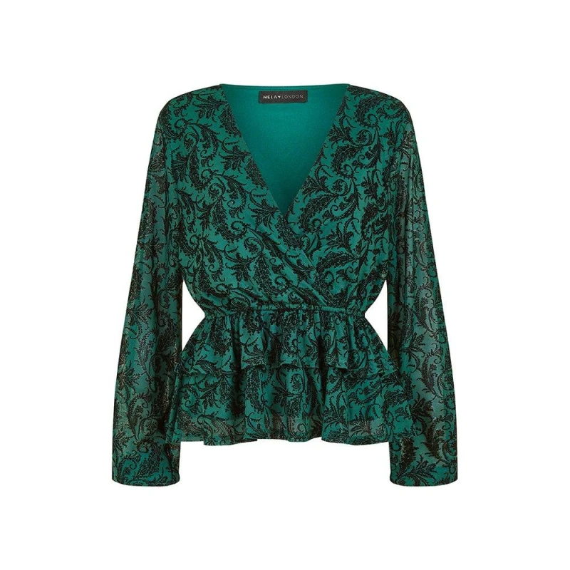 Image of Mela London Mela London Green Velour Printed Wrap Top Green 8
