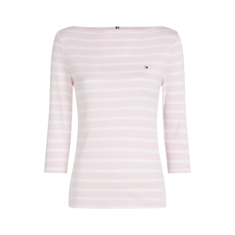 Image of Tommy Hilfiger Womens Cody Slim Boat Neck Long-Sleeve T-Shirt Pink/ Ecru female 8 (XS)