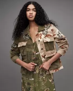 Image of AllSaints Finch Camo Embellished Denim Jacket